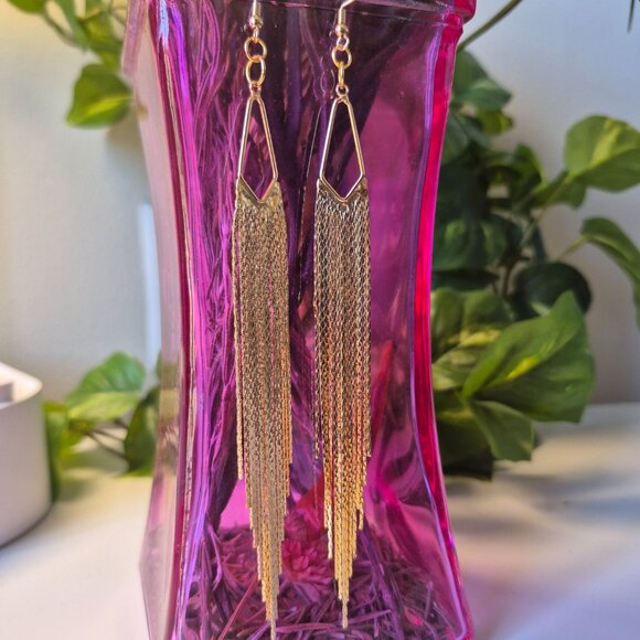 Long Gold Curtain Earrings - Picture 3 of 5